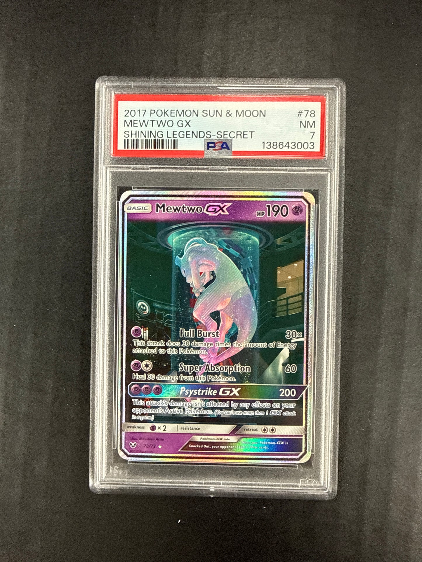 Pokemon 2017 Sun & Moon Mewtwo GX Shining Legends 78/73 PSA 7
