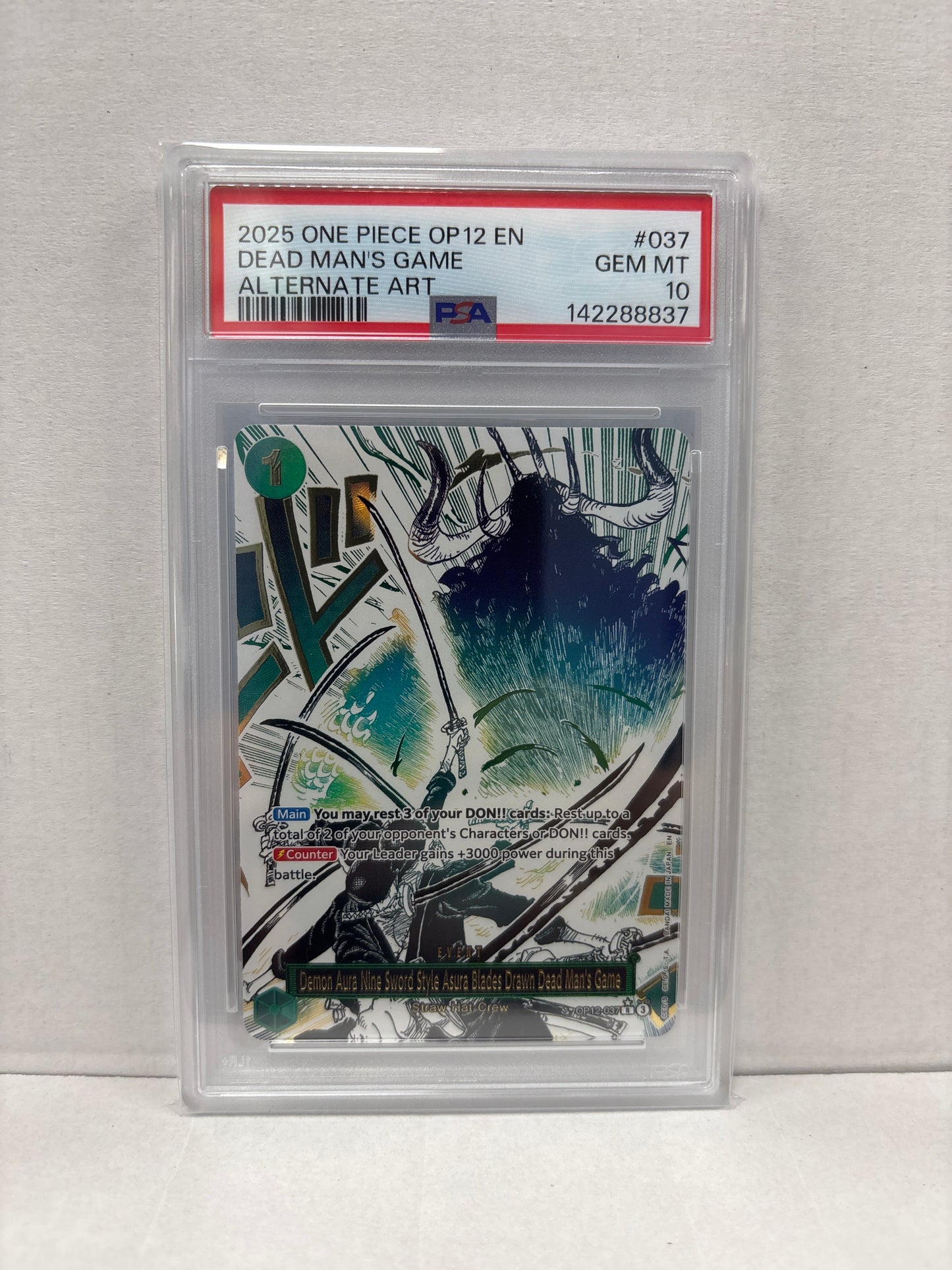 One Piece Card Game Demon Aura Nine Sword Style Asura Blades Drawn Dead Man’s Game OP12-037 PSA 10