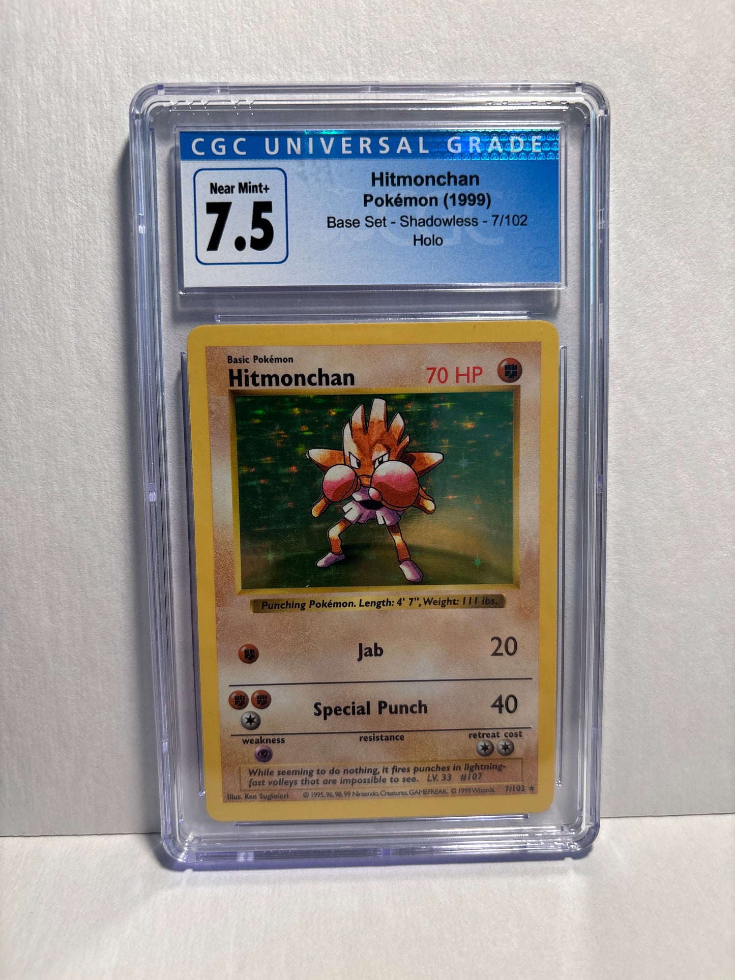 Pokemon Hitmonchan 7/102 Shadowless (1999) CGC 7.5 (Scatches on Slab)
