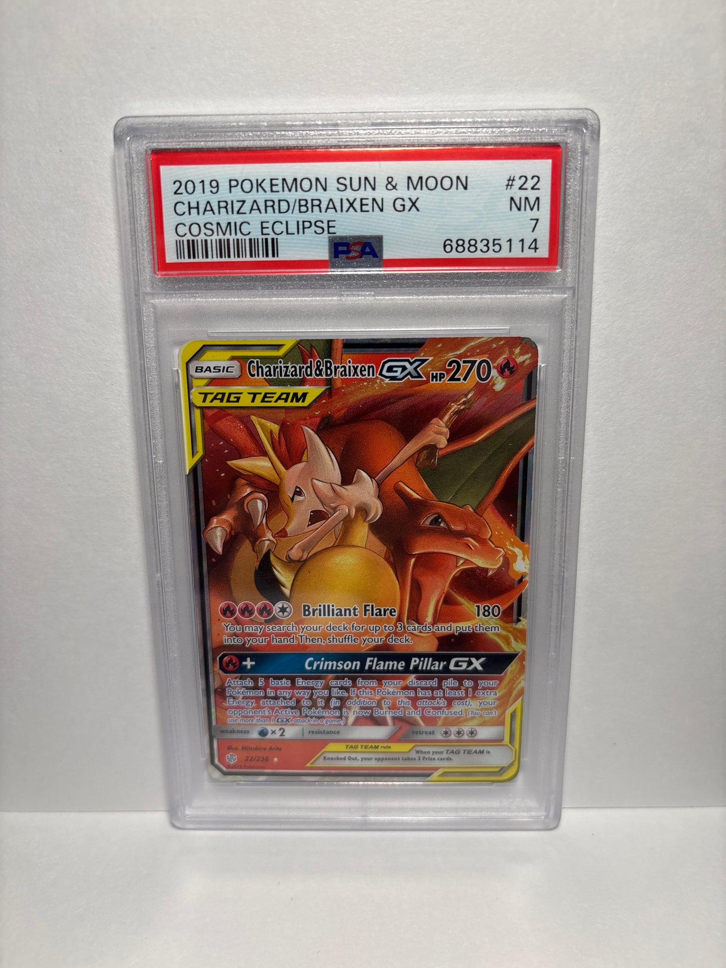 Pokemon Charizard & Braixen GX 22/236 PSA 7 (Scratches on Slab)
