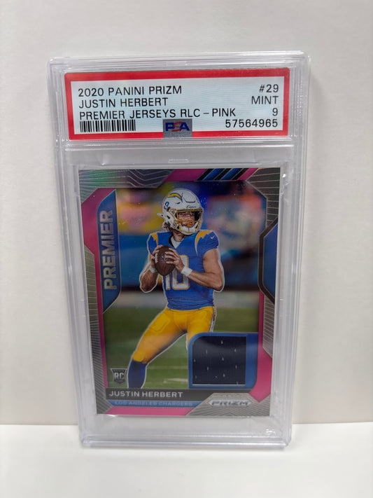2020 Panini Prizm Justin Herbert #29 Premier Jerseys Relic Pink PSA 9