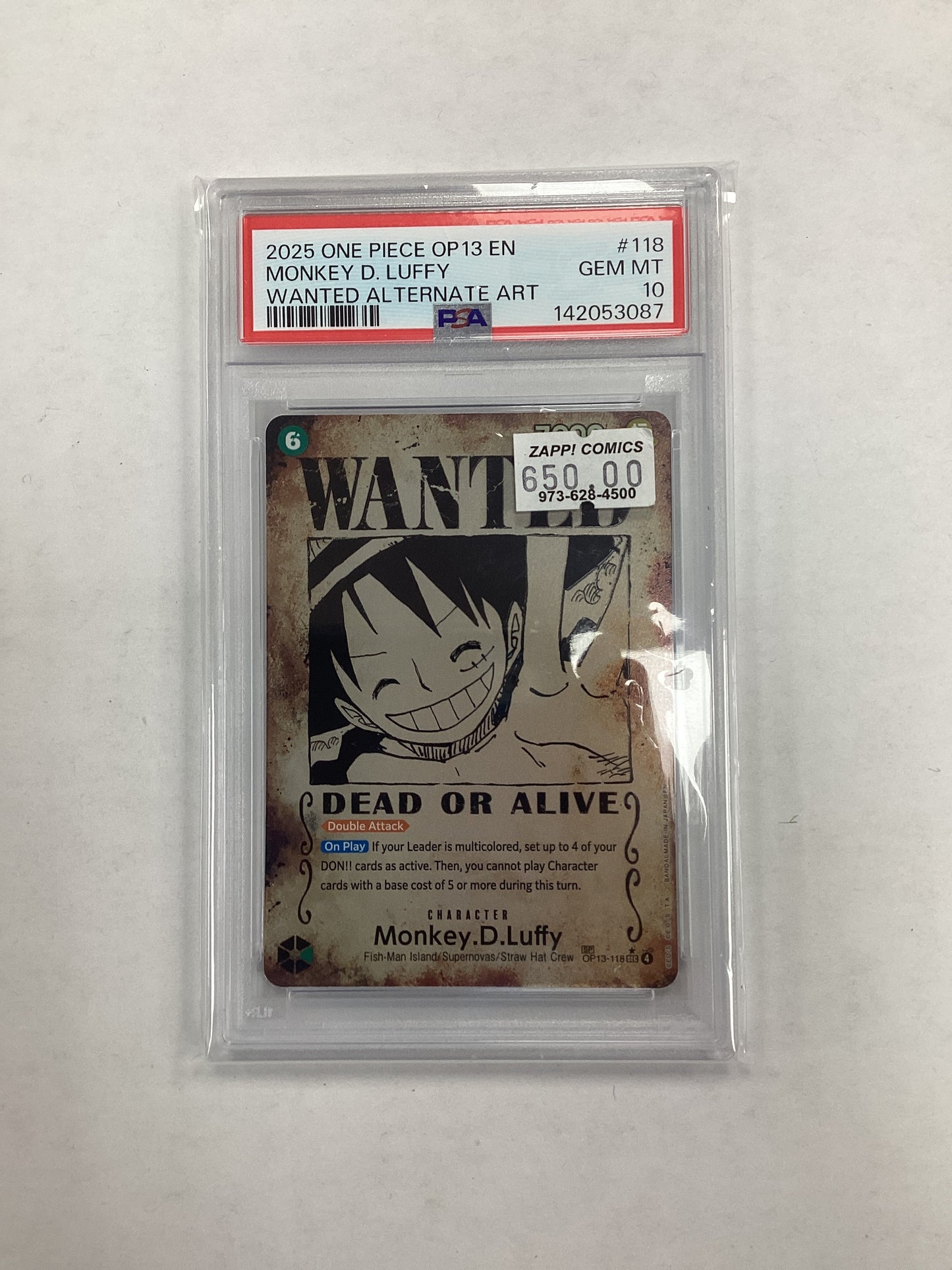 One Piece Card Game Monkey D. Luffy OP13-118 Wanted PSA 10