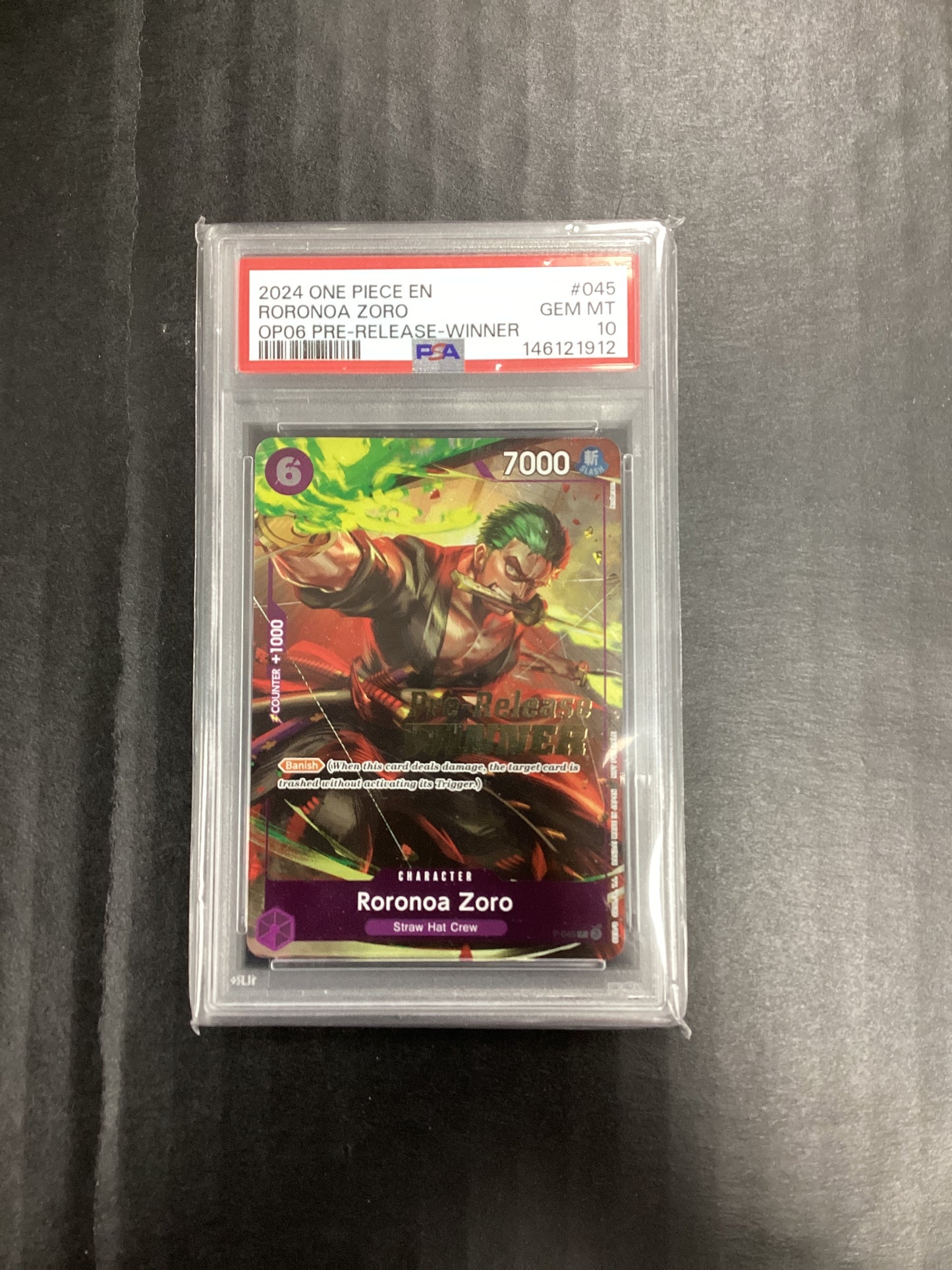 One Piece Card Game Roronoa Zoro P-045 Pre-Release Winner PSA 10