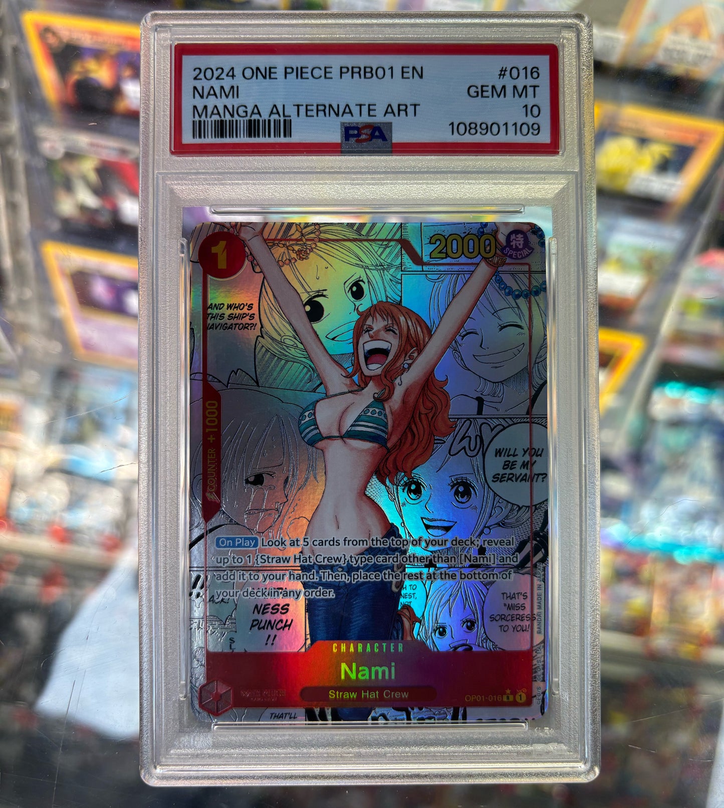 One Piece Card Game 2024 PRB01 English Nami OP01-016 (Manga Alternative Art) PSA 10