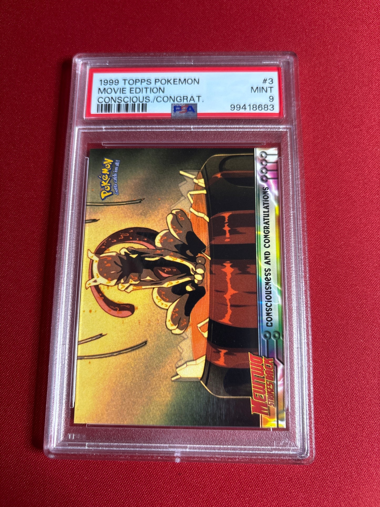 Pokemon 1999 Topps Movie Edition Consciousness And Congratulations #3 PSA 9