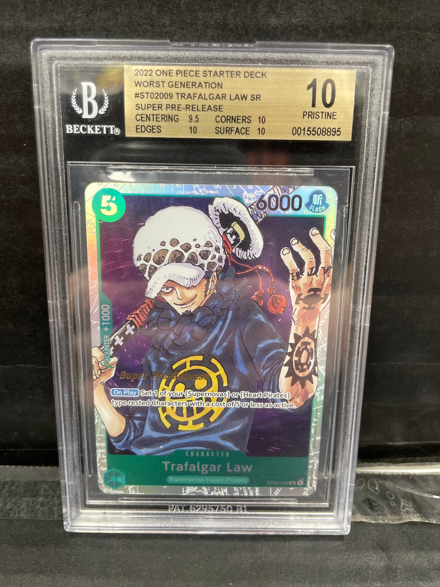 One Piece TCG Trafalgar Law SR ST02-009 Super Prerelease Beckett 10