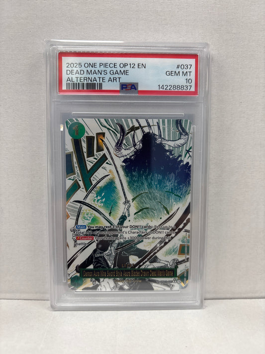 One Piece Card Game Demon Aura Nine Sword Style Asura Blades Drawn Dead Man’s Game OP12-037 PSA 10