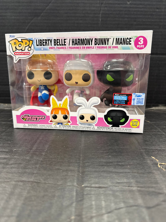Funko Pop! Powerpuff Girls Liberty Belle / Harmony Bunny / Mange 3 Pack Fall 2025 Convention Exclusive (Grade A-)