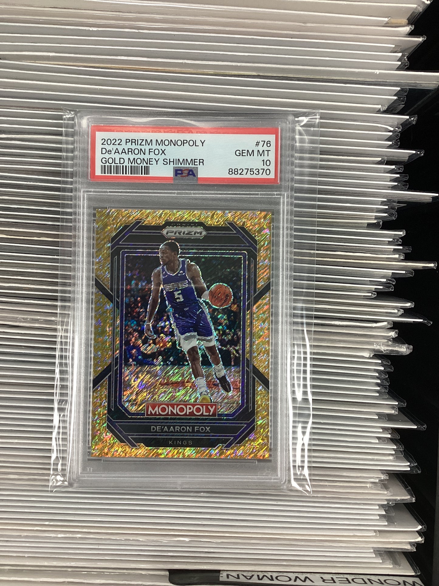 2022 PRIZM Monopoly De’Aaron Fox #76 Gold Money Shimmer 030/500 PSA 10