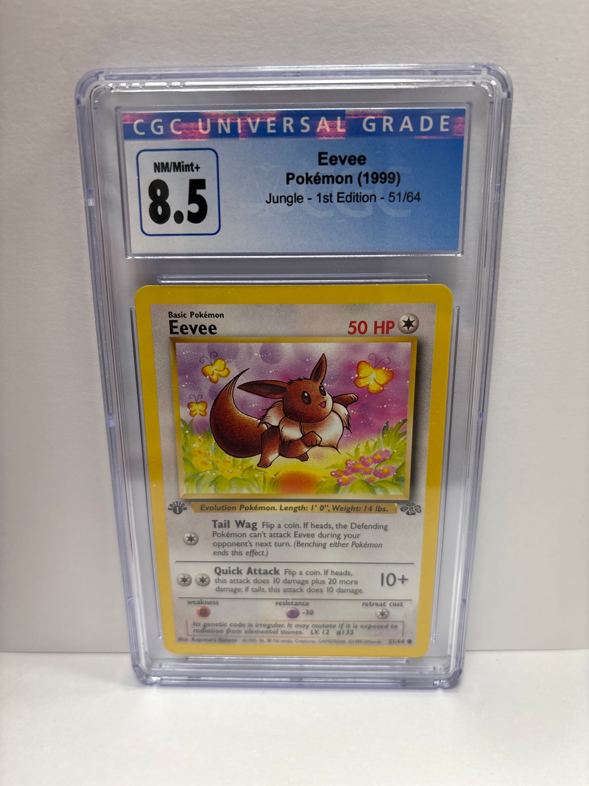 1995 eevee pokemon card value 51/64 1st Edition CGC 8.5 this attack does 10 Politoed | Diamond & No: 008/025 Spice Level:Extra Spicy
