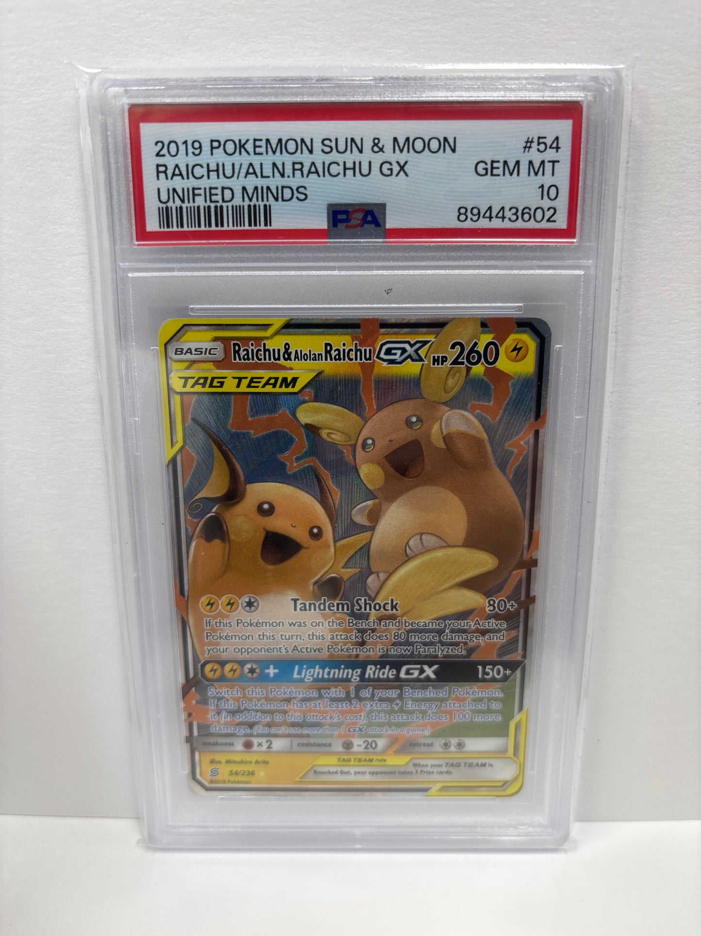 Pokemon Raichu & Alolan Raichu GX 54/236 PSA 10