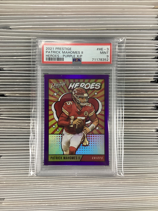 2021 Prestige Patrick Mahomes II #HE-3 Heroes Purple X/P PSA 9