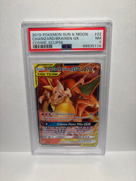 Pokemon Charizard & Braixen GX 22/236 PSA 7 (Scratches on Slab)