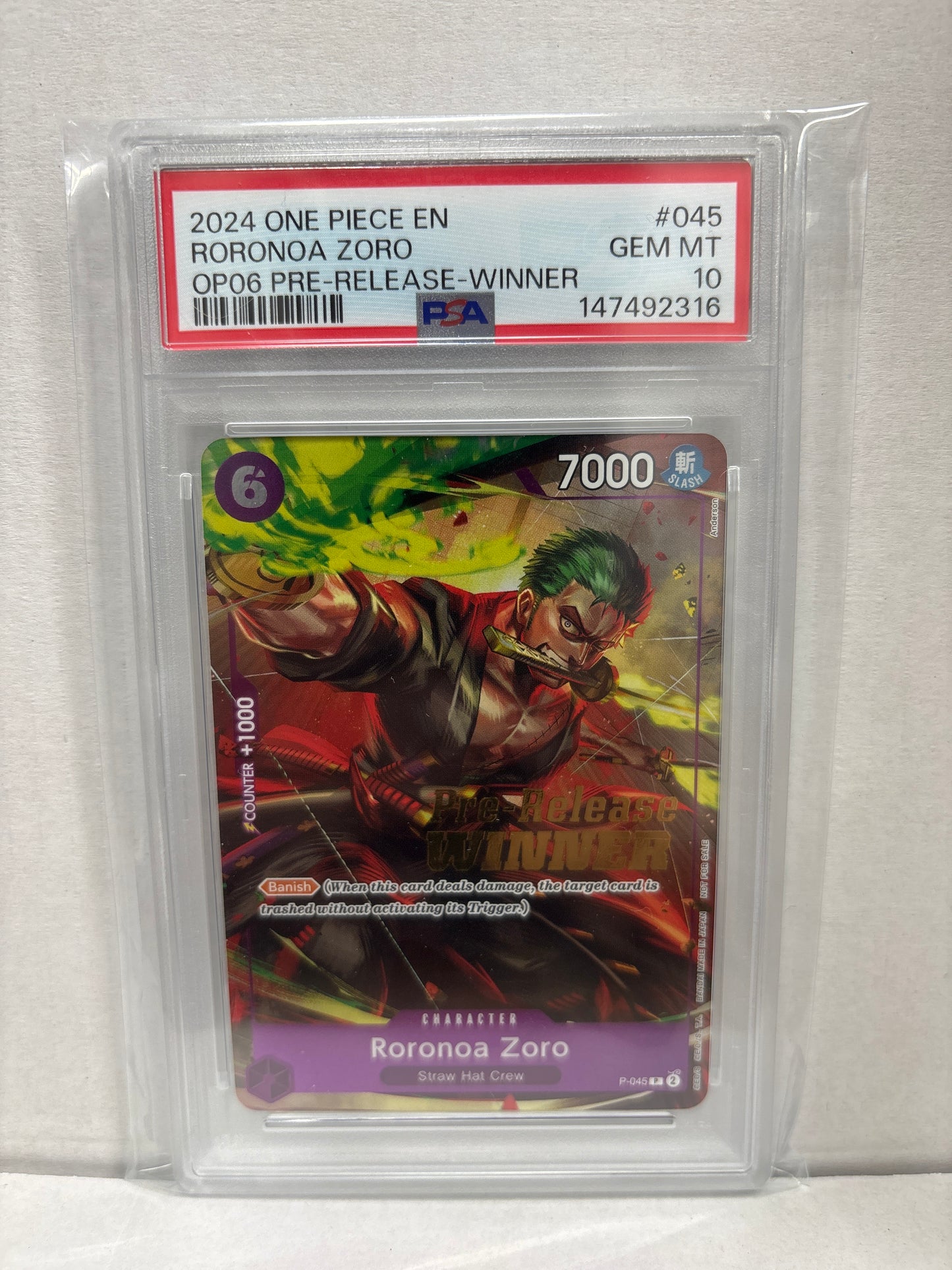One Piece Card Game Roronoa Zoro P-045 Pre-Release Winner PSA 10