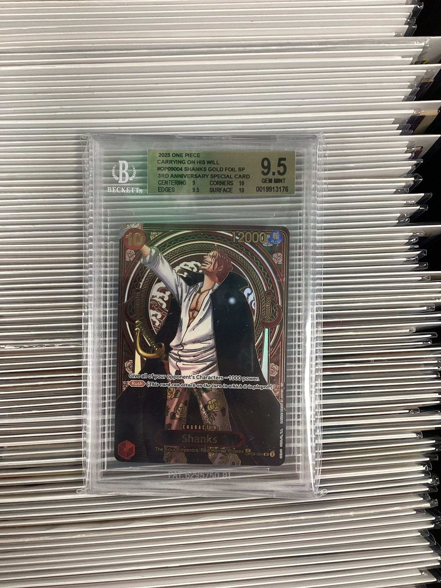 One Piece Card Game Shanks Gold FOIL SP OP09-004 Beckett 9.5