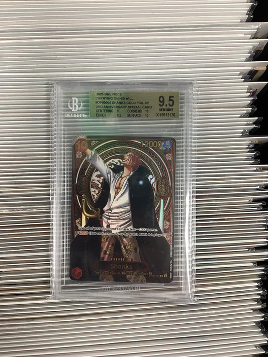 One Piece Card Game Shanks Gold FOIL SP OP09-004 Beckett 9.5