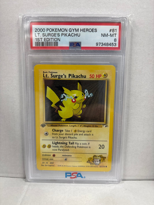Pokemon Lt. Surge’s Pikachu 81/132 1st Edition PSA 8