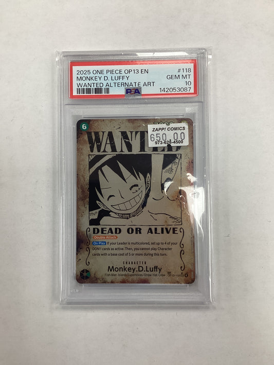 One Piece Card Game Monkey D. Luffy OP13-118 Wanted PSA 10