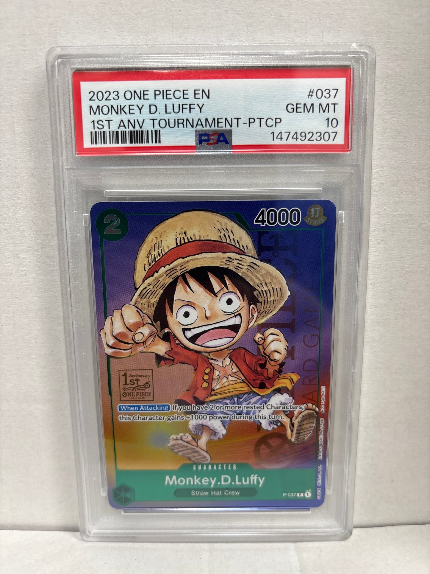 One Piece Card Game Monkey D. Luffy P-037 1st Anniversary Tournament PSA 10