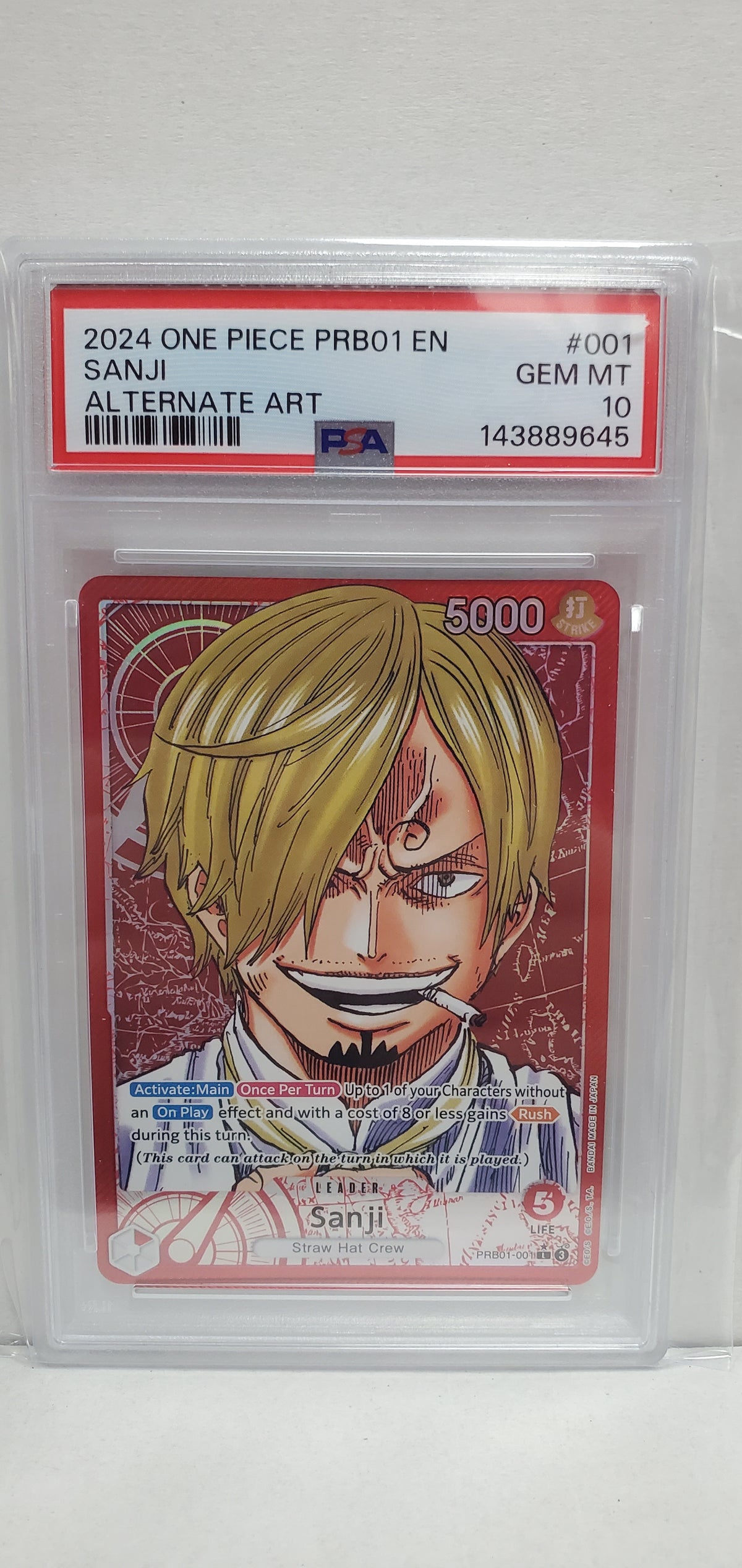 One Piece Card Game Sanji PRB01-001 PSA 10